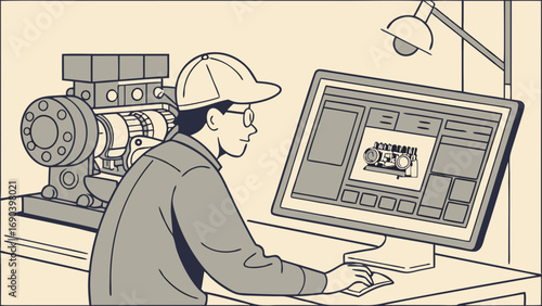 Engineering design CAD software technician engine blueprint industrial design technical drawing machinery illustration computer aided design mechanical engineering manufacturing process product devel.