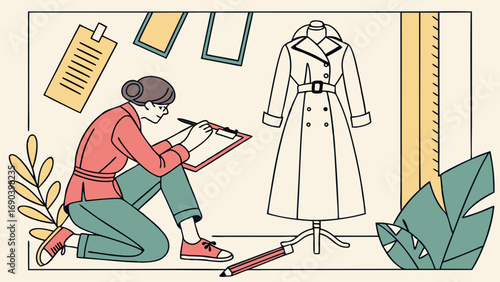 Fashion Designer Working on Clothing Design Illustration Sketch Garment Creation Studio Workplace Apparel Design Fashion Design Process Tailoring Measurement Notes Clipboard Pencil Mannequin Coat Tre.