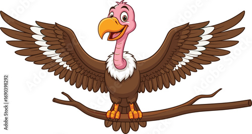 Cartoon vulture with pink bald head and yellow beak perched on tree branch, perfect for wildlife, education, and animation use.Cartoon vulture with pink bald head and yellow beak perched on tree 