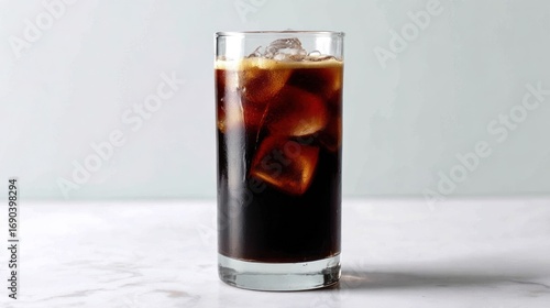 Tall Glass of Cold Dark Cola with Ice Cubes on White Surface