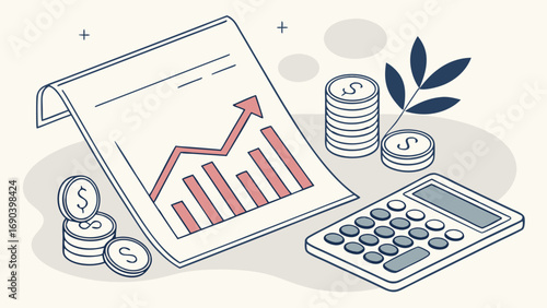 Financial report with upward graph coins stacks and calculator illustration.