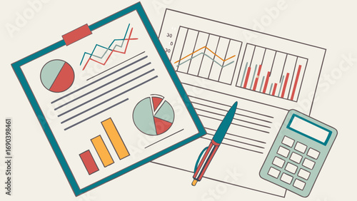 Financial Report Documents Charts Graphs Calculator Pen Business Analytics Data Visualization Statistics Accounting Investment Finance Office Supplies Workplace Flat Lay Top View Business Concept Mar.