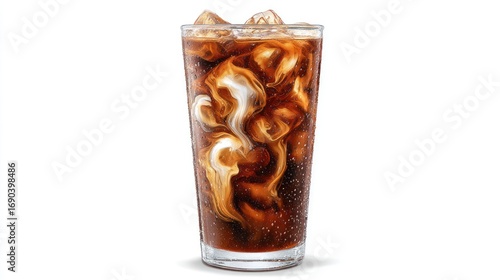 Tall Glass of Cold Iced Coffee with Swirling Milk and Ice Cubes on White Background