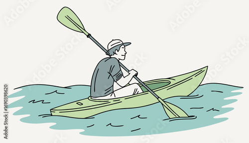 Man kayaking in the river water, sitting on green kayak with paddle, summer recreation activity, flat illustration