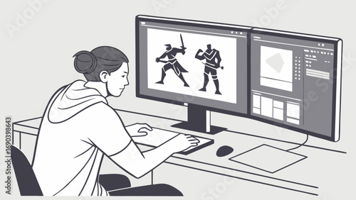 Graphic Designer Working on Computer Character Design Game Development Illustration Digital Art.