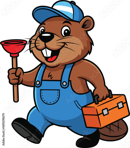 Cheerful Cartoon Beaver Plumber in Overalls Holding Plunger and Toolbox – Playful Mascot Vector Illustration Perfect for Plumbing Services and Kids Design