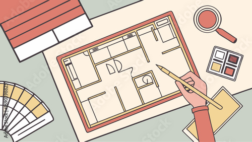 Hand drawing a floor plan architectural design interior design home renovation workspace color palette top view illustration.