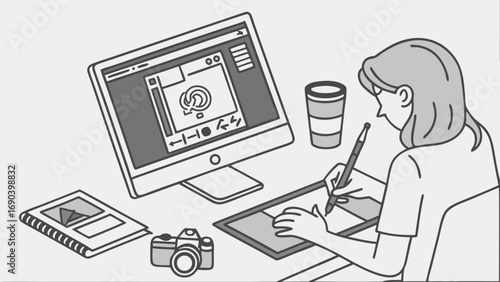 Graphic Designer Working on Computer Using Graphics Tablet Digital Art Illustration.