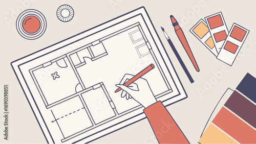 Hand drawing house plan on tablet architectural design interior design home renovation color palette workspace.