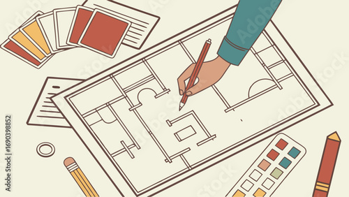 Hand drawing architectural floor plan interior design home renovation workspace top view illustration.