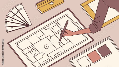 Hand drawing house plan architectural design interior design home renovation blueprint top view workspace color palette design elements creativity planning project modern minimalist flat lay overhead.