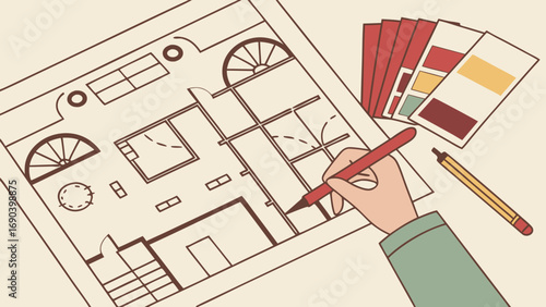 Hand drawing house plan architectural design home blueprint interior design color palette workspace top view flat lay vector illustration home renovation construction building design architect planni.