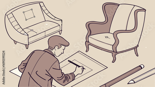 Illustration of a designer sketching furniture armchair and sofa design vintage style drawing.
