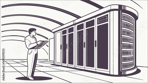 Illustration of a person inspecting a server room.