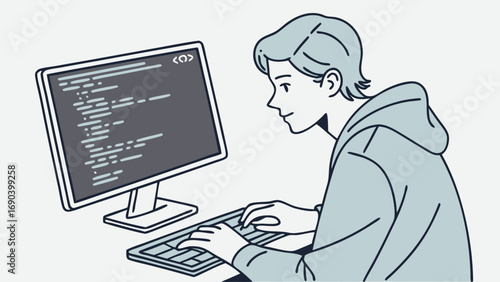 Illustration of a person coding on a computer.
