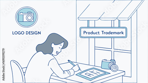 Illustration of a person designing a product trademark and logo working at a desk with a camera.