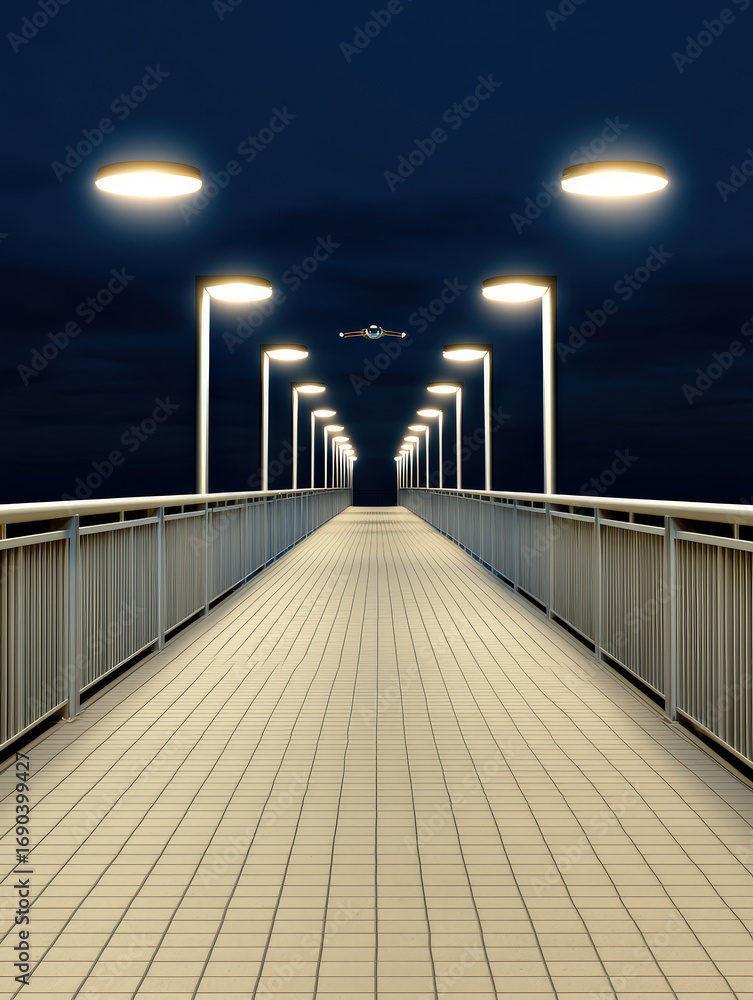 Obraz premium Futuristic bridge night illuminated panels modern architecture walkway symmetry minimal serene mood