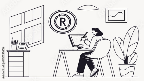 Illustration of a person working on a graphic tablet at a desk with copyright symbol.