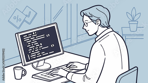 Illustration of a person working on a computer programming coding software development office work.