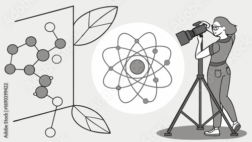 Illustration of a Photographer Shooting Science and Nature Concepts.