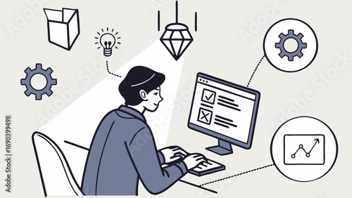 Illustration of person working on computer with checklist idea settings package and graph icons.