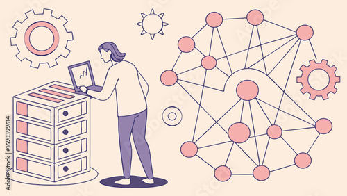 Illustration of a person working with a laptop and data server showcasing network connections and gears.