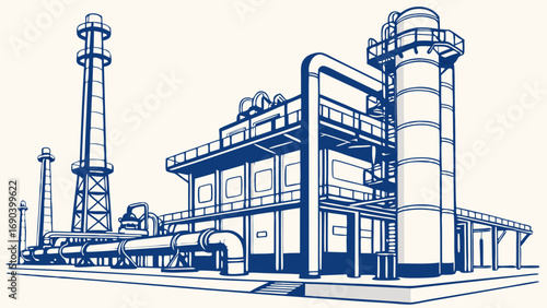 Industrial Plant Illustration Factory Blueprint Technical Drawing of Refinery Energy Production Facility Design Manufacturing Process Diagram.