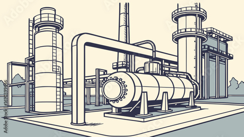 Industrial plant illustration refinery factory energy production chemical plant engineering manufacturing technology pipes tanks towers industrial design vector art schematic blueprint technical draw.