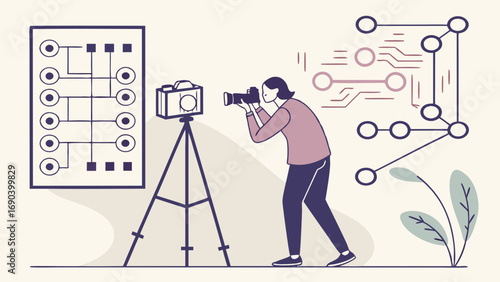 Illustration of a Photographer Using a Tripod with a Camera and Technology Background.