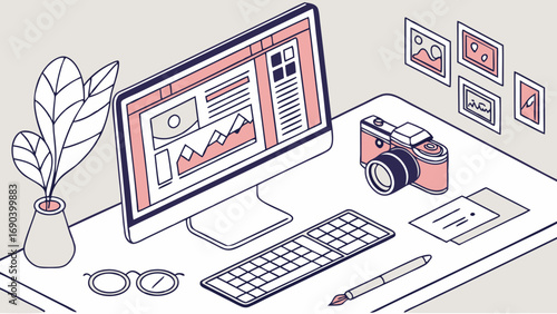 Isometric illustration of a designers workspace with computer camera and art supplies.