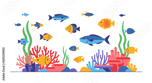 Colorful Fish and Coral Reef Illustration with Flat Design Style