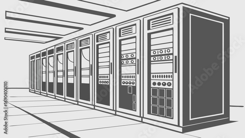 Illustration of a Server Room with Multiple Racks and Data Center Technology.