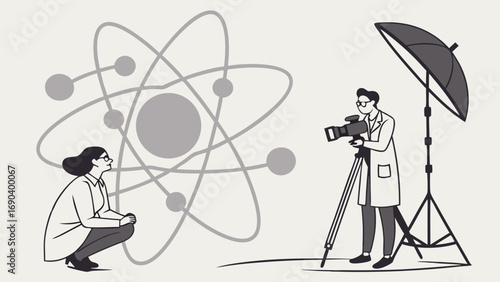 Illustration of scientists in a photo shoot with an atom model background.