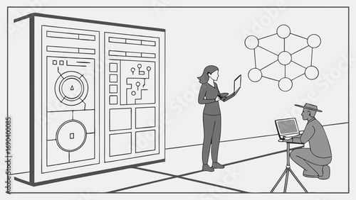 Illustration of two individuals working on laptops near a large technological display showing network diagrams and circuit boards.
