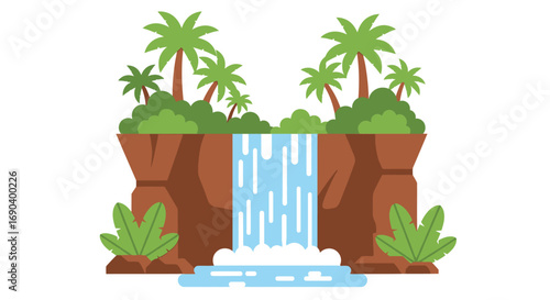 Cartoon Waterfall Scene with Palm Trees and Lush Greenery