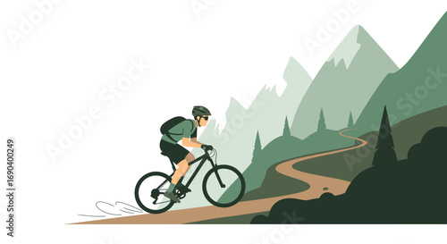 Mountain Biker with Helmet and Backpack Riding on a Trail
