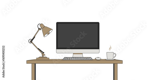 Desk Setup with Computer, Lamp, Keyboard, Mouse, and Coffee Cup Illustration