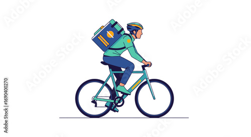 Delivery Cyclist with Backpack, Wearing Helmet, Side View, Vector Illustration