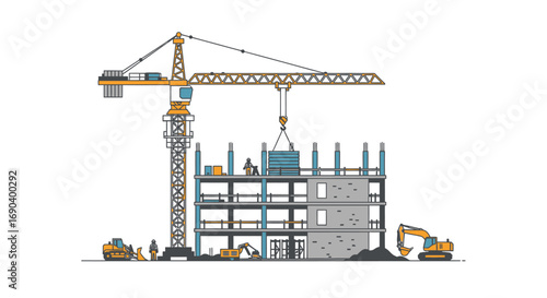 Construction Site with Crane and Building Under Construction Illustration
