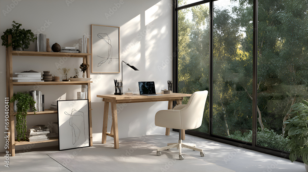 Obraz premium Home office with desk, chair, and large window overlooking nature