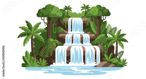 Cartoon Waterfall with Lush Greenery and Tropical Palm Trees Illustration