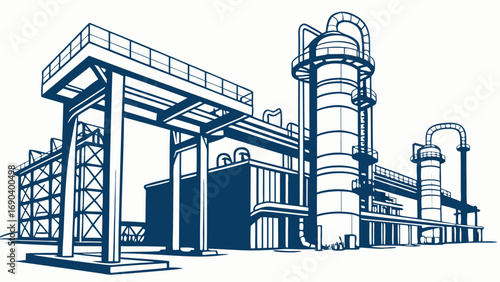 Industrial Plant Illustration Factory Building Refinery Structure Manufacturing Facility Blue Print Energy Production Chemical Processing Power Generation Steel Structure Industrial Design Engineerin.