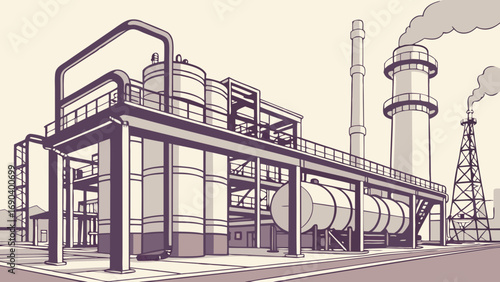 Industrial Plant Illustration Refinery Factory Energy Production Oil and Gas Chemical Processing Power Generation Manufacturing Industrial Area Technology Engineering Infrastructure Pipes Tanks Tower.