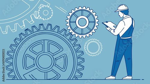 Industrial worker examining gears engineering concept mechanism maintenance technology illustration.