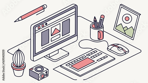 Isometric illustration of a creative workspace with computer keyboard mouse pencils plant and camera.