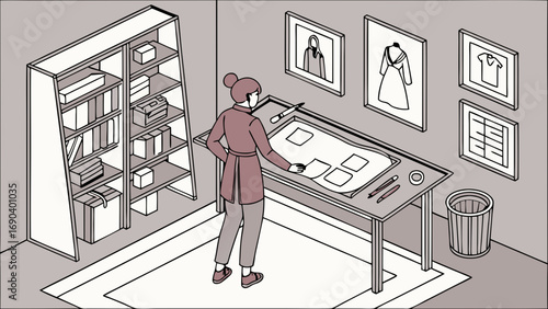 Isometric illustration of a fashion designer working at a desk with design sketches in a creative studio setting.