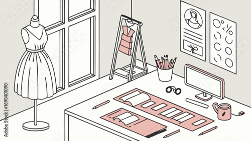 Isometric illustration of a fashion designers workspace featuring a dressmakers dummy design sketches computer and apparel.