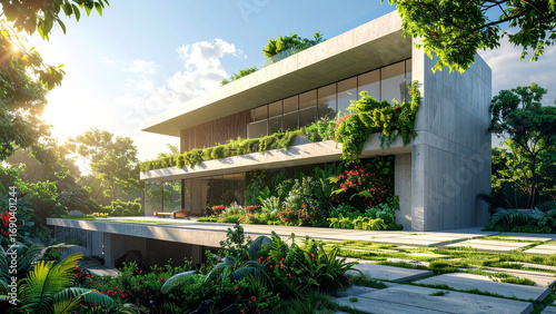 Hyper-Realistic Modern Building with Living Green Wall and Rooftop Garden, Minimalist Concrete and Glass Architecture