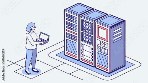 Isometric illustration of a person working with servers and a laptop data center technology concept.