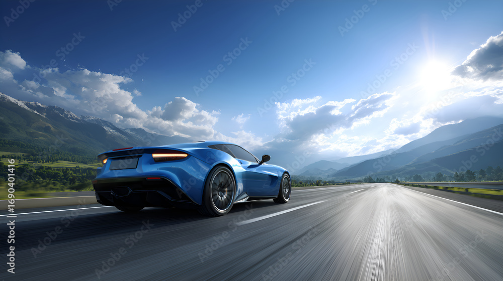 Fototapeta premium Blue sports car driving on scenic mountain highway